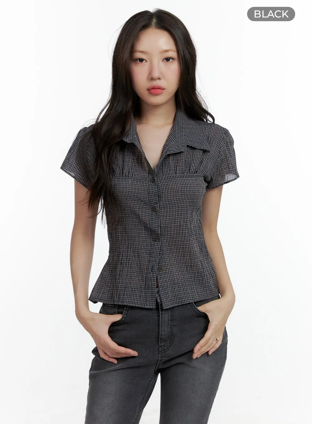 Gingham Buttoned Collar Short Sleeve Blouse CL410