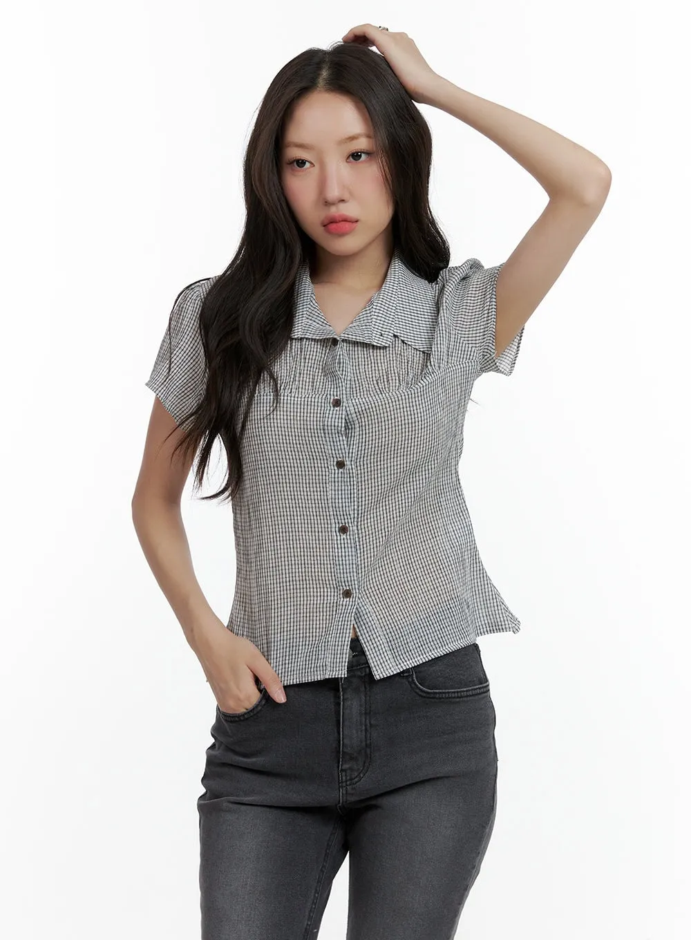 Gingham Buttoned Collar Short Sleeve Blouse CL410