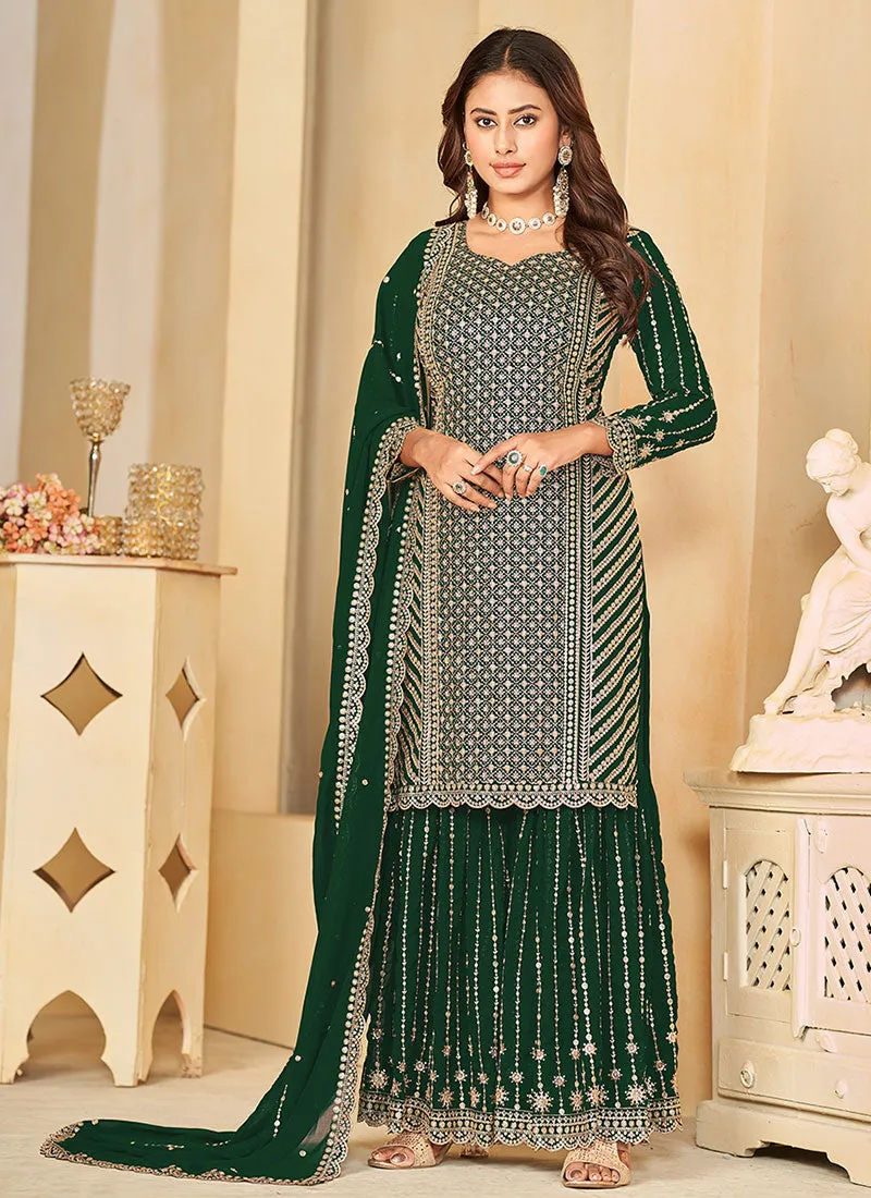 Green Golden Sequence Embroidery Gharara Style Suit