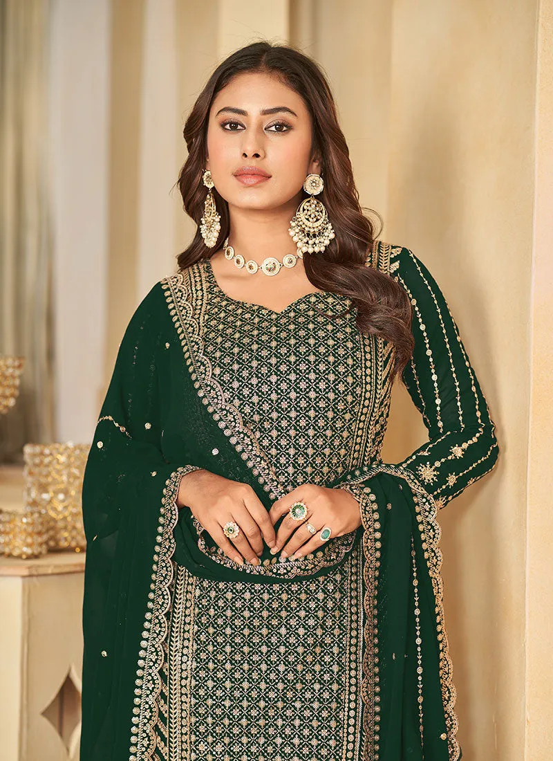 Green Golden Sequence Embroidery Gharara Style Suit