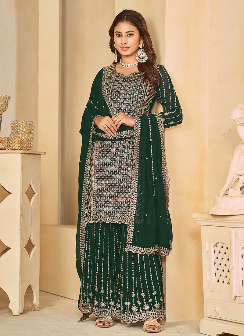 Green Golden Sequence Embroidery Gharara Style Suit