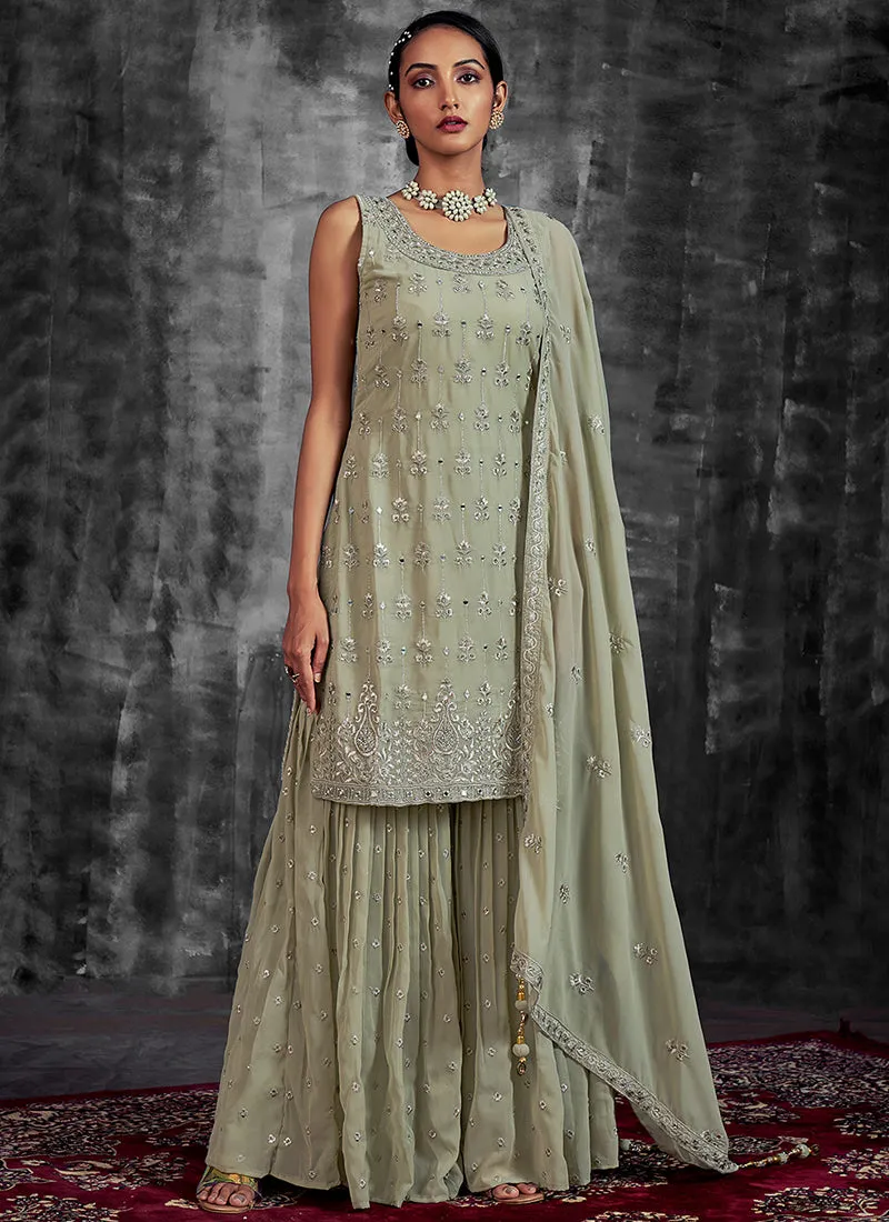 Green Mirror Work Embroidery Georgette Gharara Suit