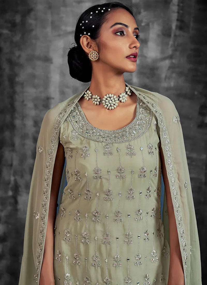 Green Mirror Work Embroidery Georgette Gharara Suit