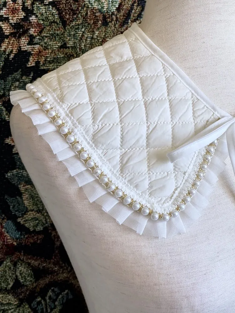 Historically Inspired Quilted Round Collar with Ruffle & Pearl Trim in Ivory/White