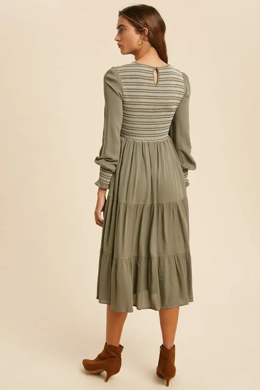 Jamie Smocked Midi Dress in Moss