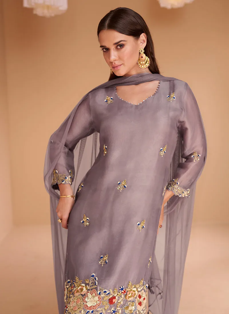 Lavender Multi Embroidery Festive Kurti And Gharara Suit