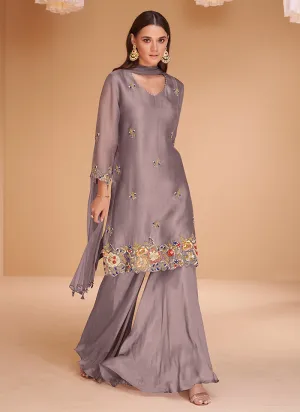 Lavender Multi Embroidery Festive Kurti And Gharara Suit