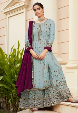 Light Blue Mirrorwork Embroidered Gharara Suit