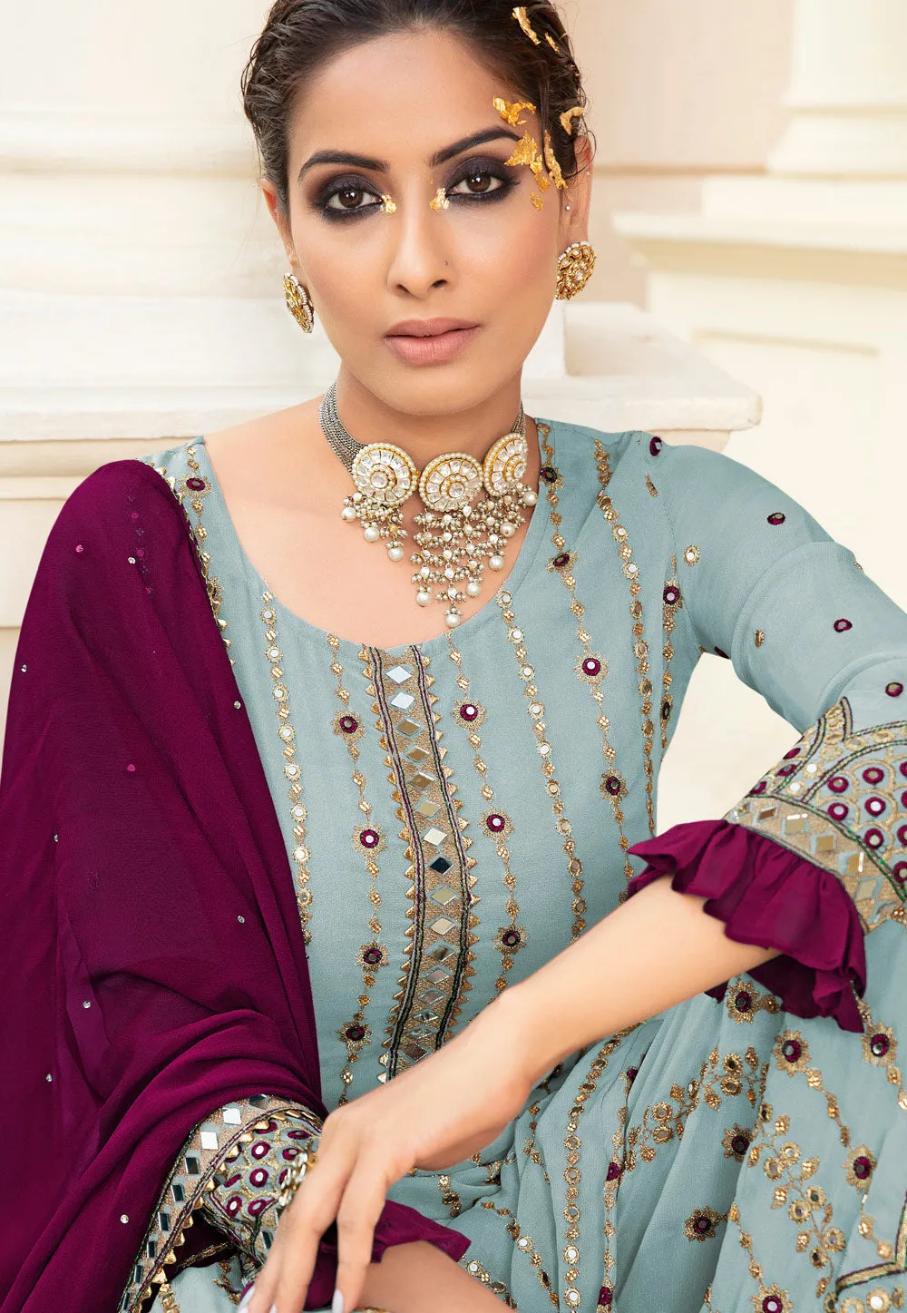 Light Blue Mirrorwork Embroidered Gharara Suit