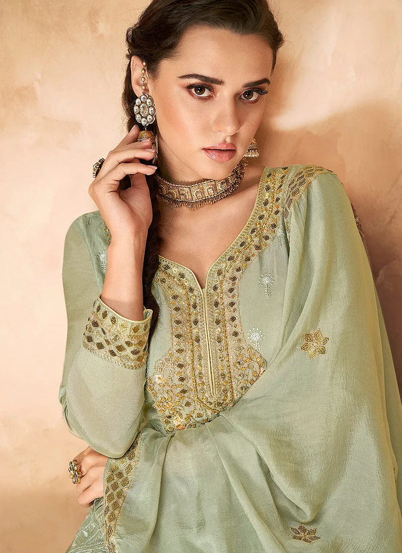 Light Green Golden Embroidered Designer Gharara Suit