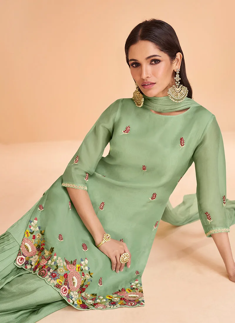 Light Green Multi Embroidery Festive Kurti And Gharara Suit