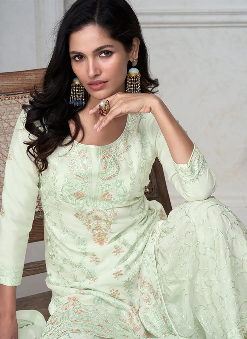 Light Green Thread And Sequence Embroidery Palazzo Suit