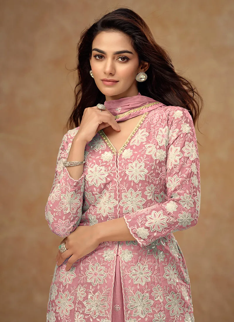 Light Pink Embroidered Koti Style Kurti And Palazzo Suit