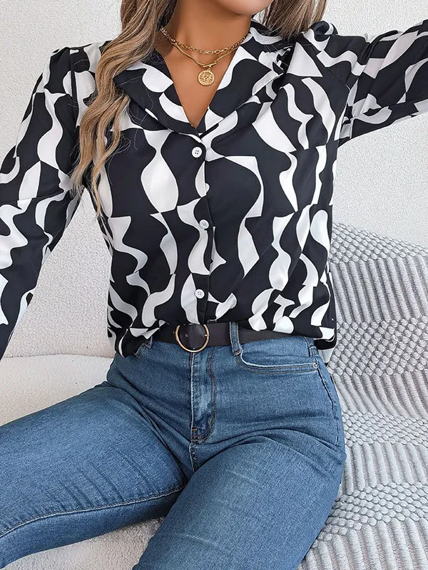 Long Sleeves Buttoned Contrast Color Notched Collar Blouses&Shirts Tops