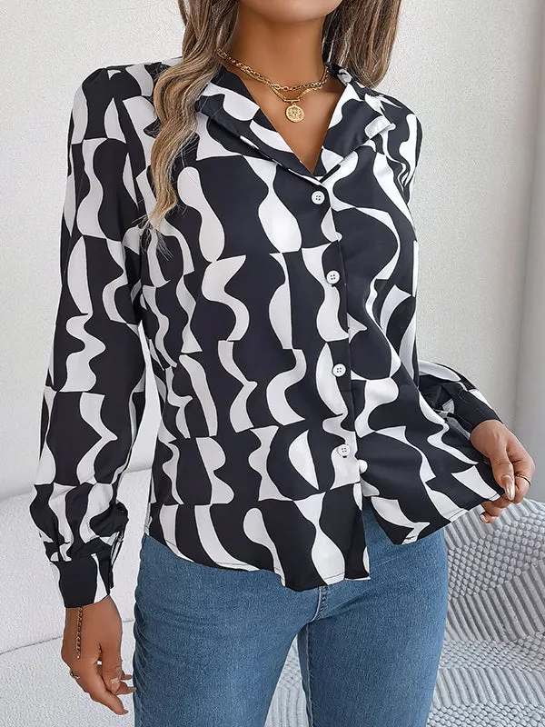 Long Sleeves Buttoned Contrast Color Notched Collar Blouses&Shirts Tops