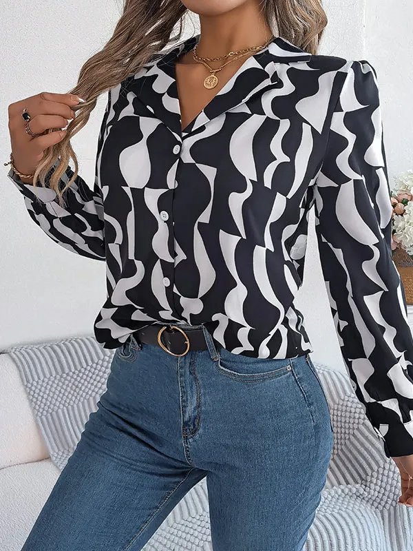 Long Sleeves Buttoned Contrast Color Notched Collar Blouses&Shirts Tops