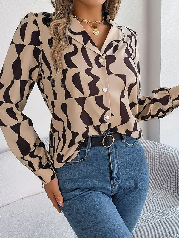 Long Sleeves Buttoned Contrast Color Notched Collar Blouses&Shirts Tops