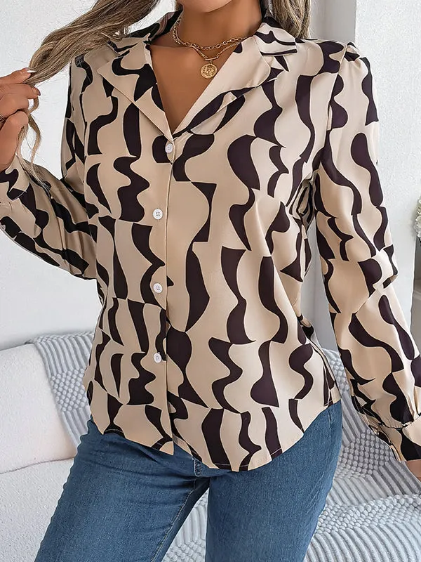 Long Sleeves Buttoned Contrast Color Notched Collar Blouses&Shirts Tops