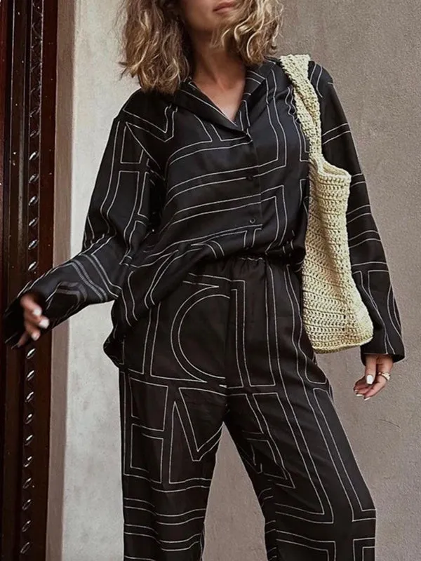 Long Sleeves Loose Buttoned Printed Split-Joint Notched Collar Blouses Tops   Elasticity Pants Bottom Two Pieces Set