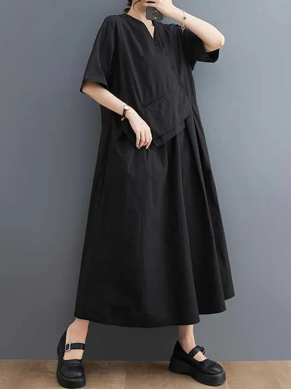 Loose Short Sleeves Pleated Solid Color Split-Joint V-Neck Midi Dresses