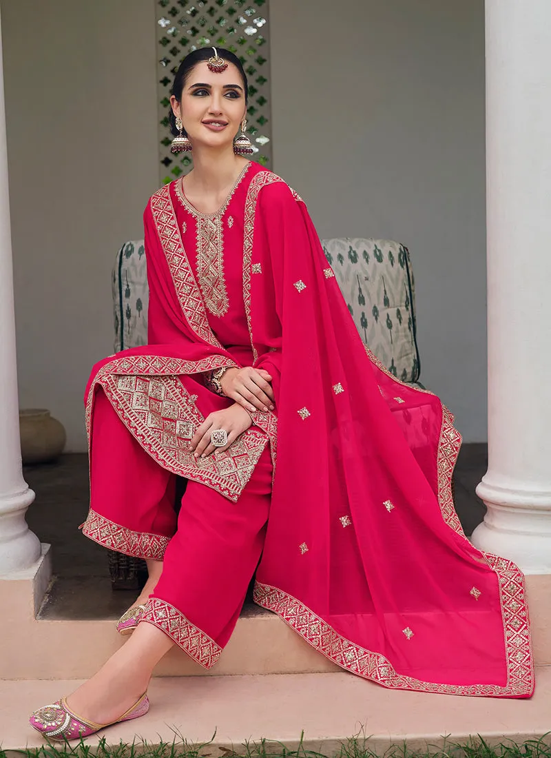 Magenta Embroidery Georgette Palazzo Suit