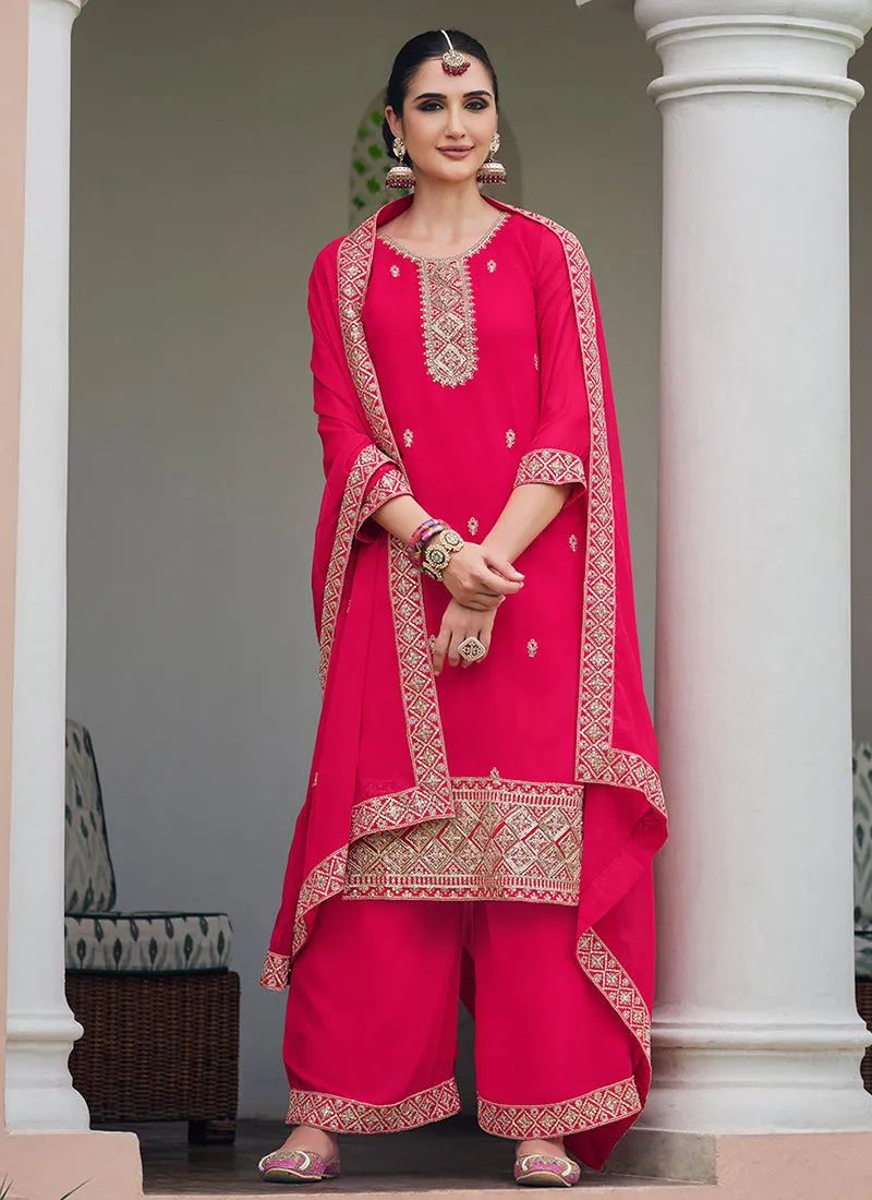 Magenta Embroidery Georgette Palazzo Suit