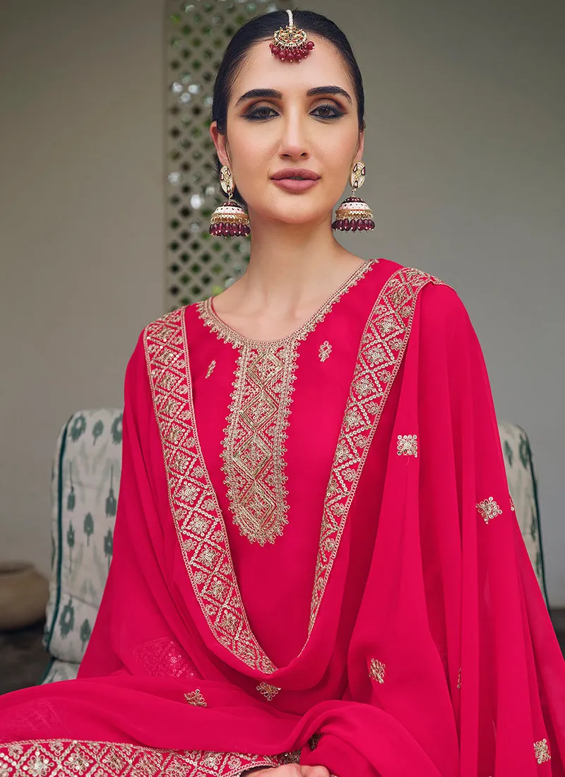 Magenta Embroidery Georgette Palazzo Suit