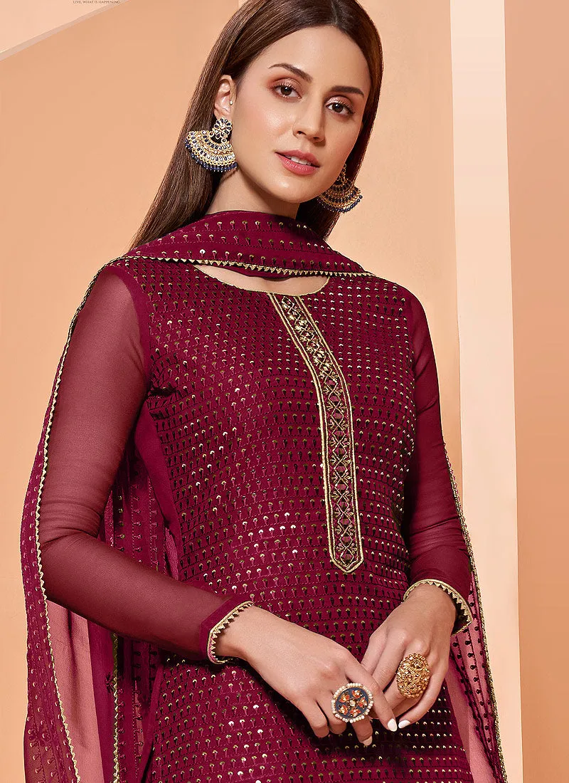 Magenta Georgette Designer Palazzo Suit