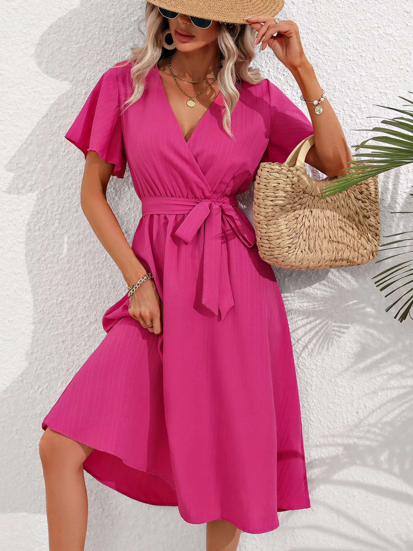 Malibu Pink Tie Belt Midi Resort Dress