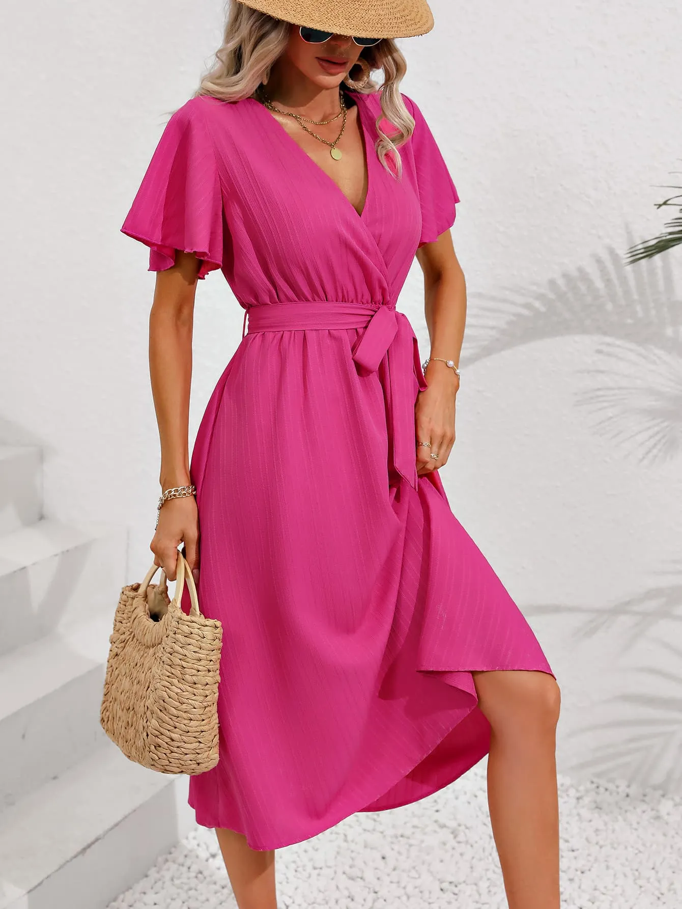 Malibu Pink Tie Belt Midi Resort Dress