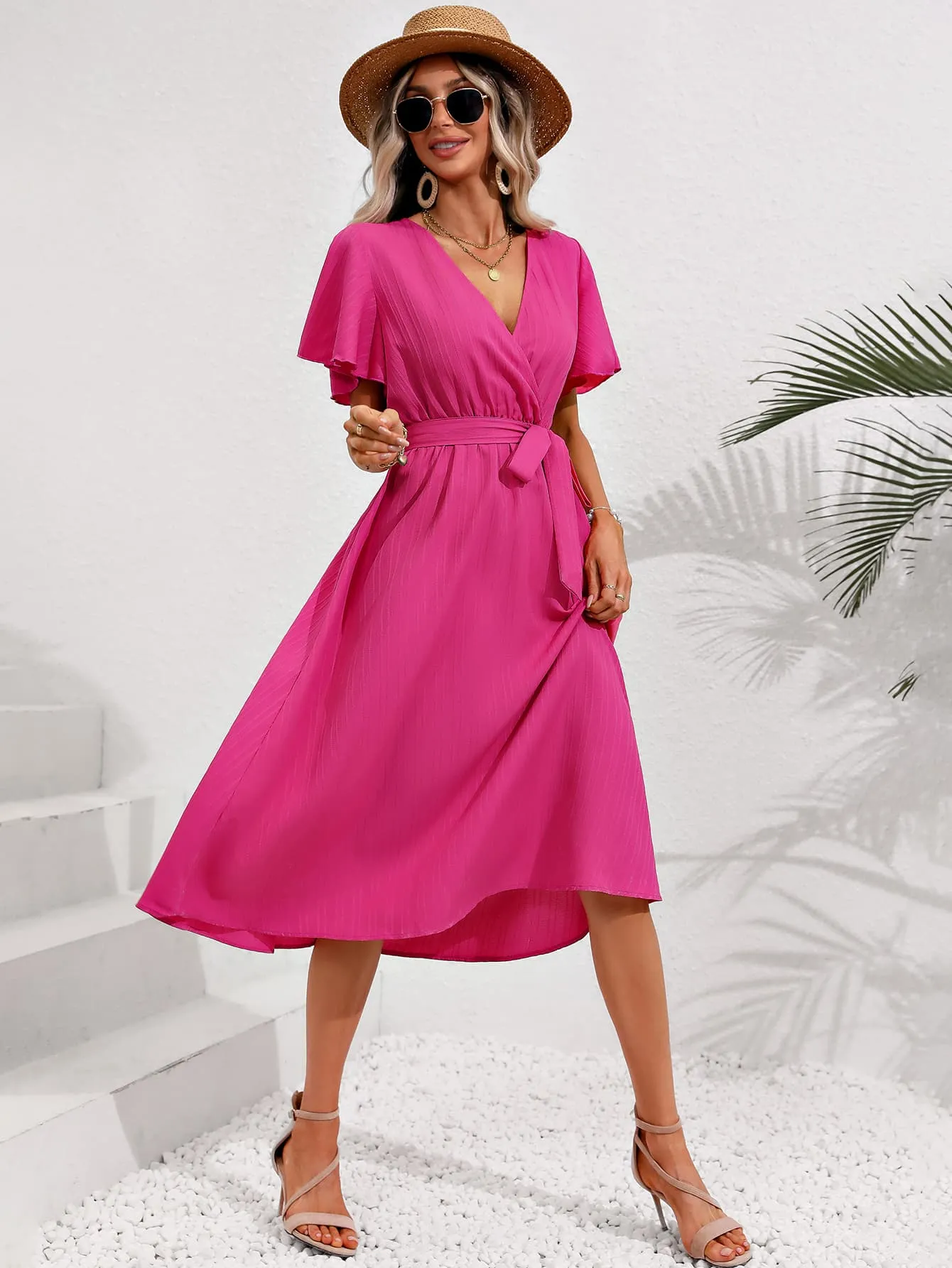 Malibu Pink Tie Belt Midi Resort Dress