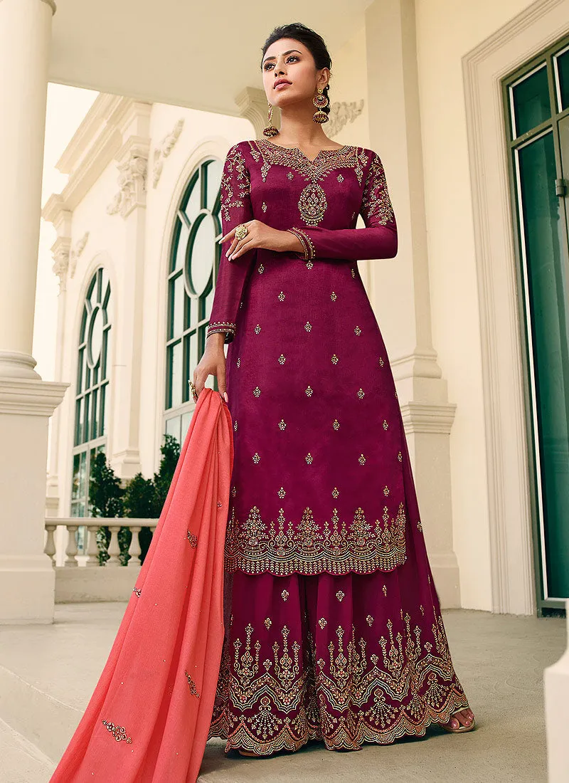 Maroon And Orange Designer Gharara Style Suit