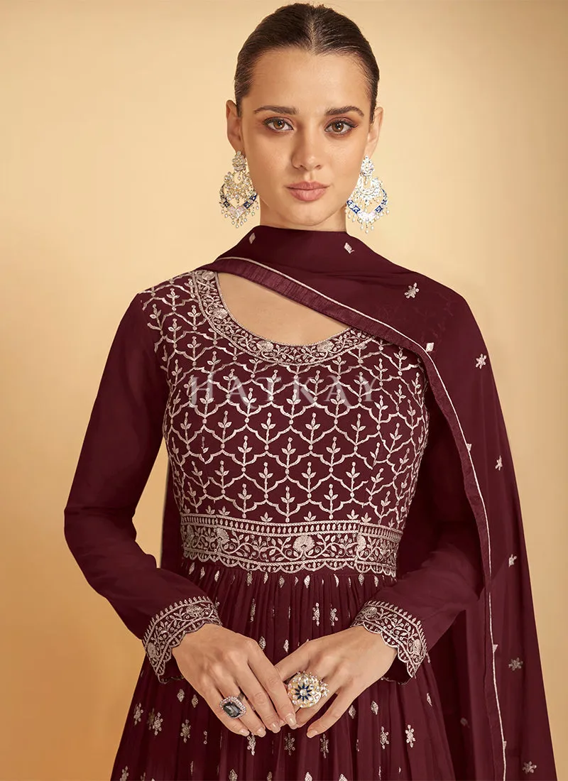 Maroon Embroidered Peplum Style Lehenga Kurti