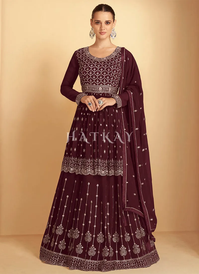 Maroon Embroidered Peplum Style Lehenga Kurti