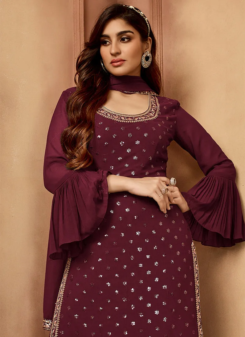 Maroon Sequence Embroidery Festive Sharara Style Suit