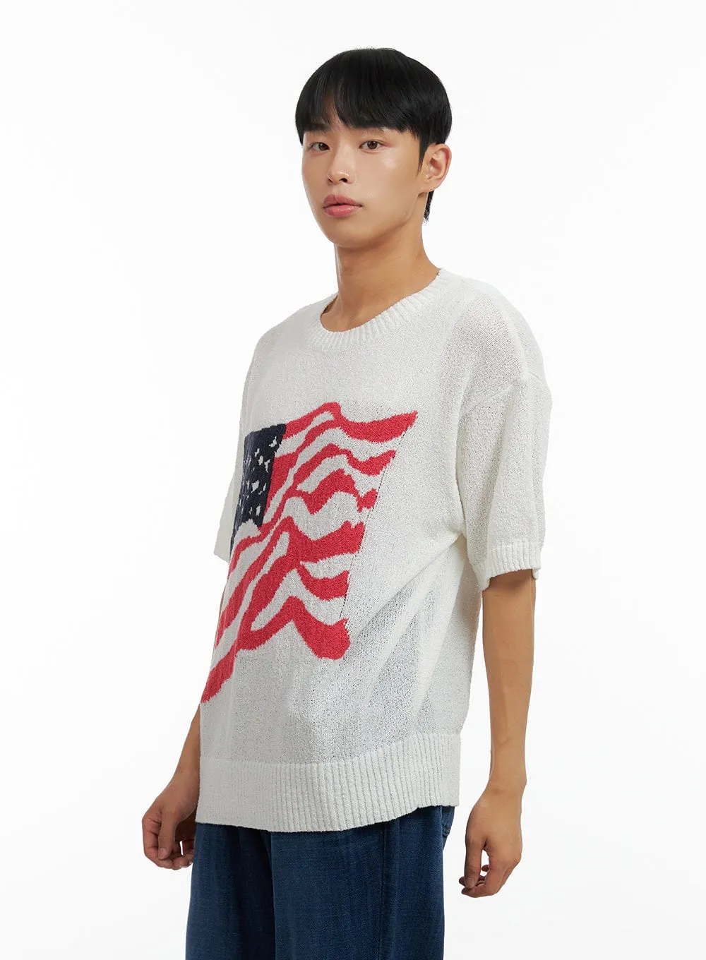 Men's USA Flag Knit Sweater T-Shirt CL429