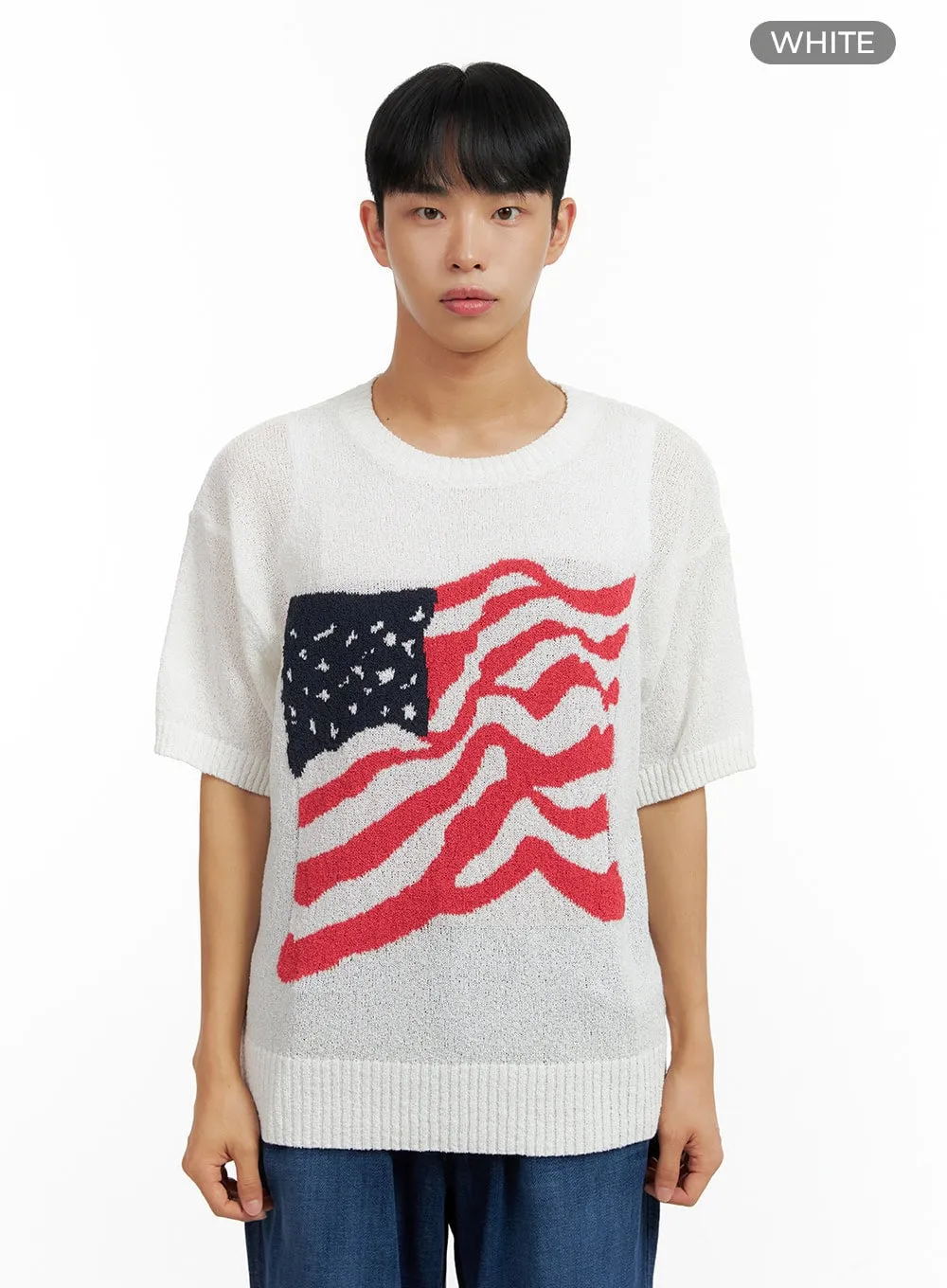 Men's USA Flag Knit Sweater T-Shirt CL429