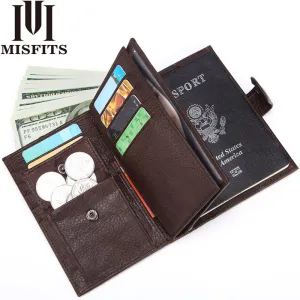 MISFITS Genuine Leather Men Wallet Travel Passport Cover for Male Organizer Large Capacity Passport with Card Holder Coin Purse