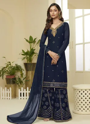 Navy Blue Embroidered Designer Sharara Suit