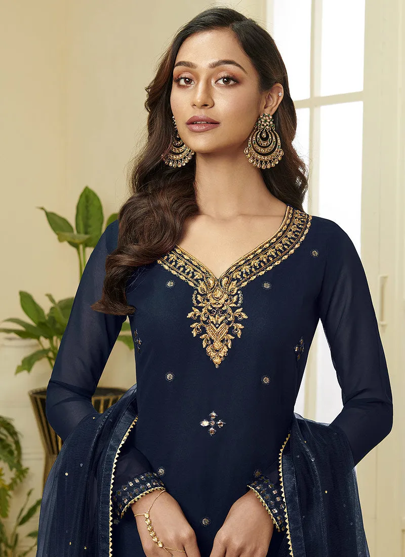 Navy Blue Embroidered Designer Sharara Suit