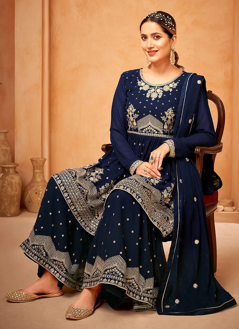 Navy Blue Sequence Embroidery Anarkali Gharara Suit