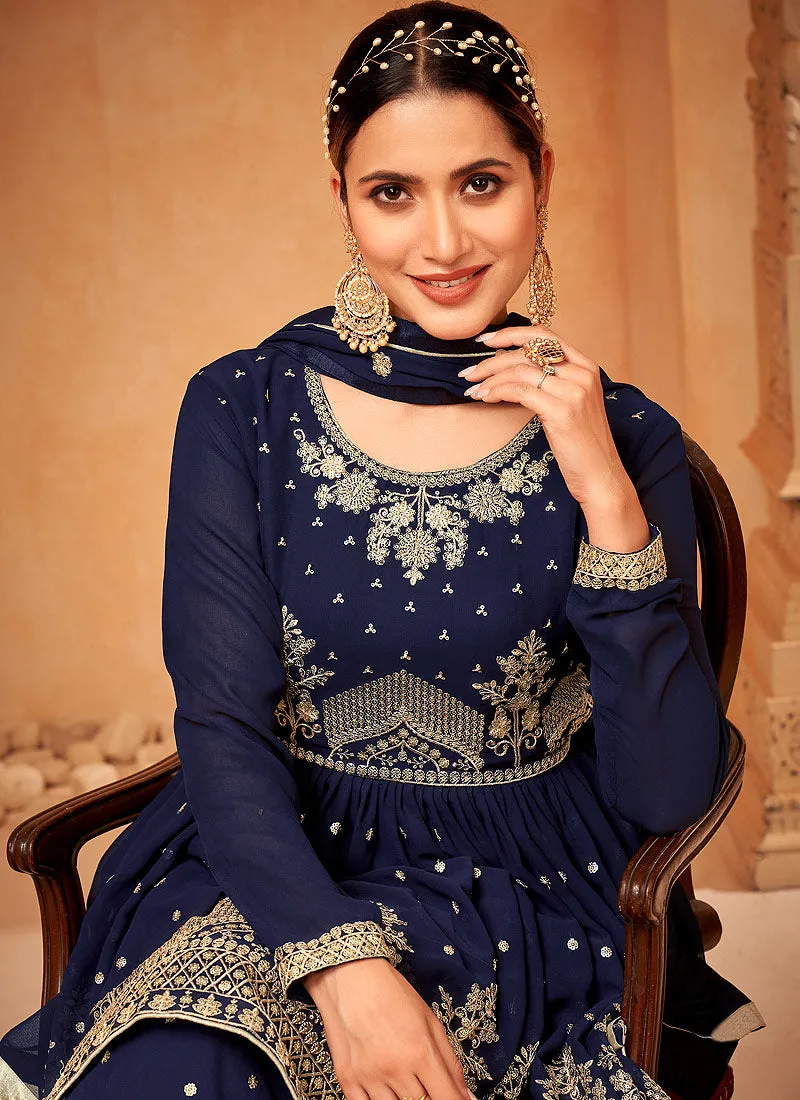 Navy Blue Sequence Embroidery Anarkali Gharara Suit