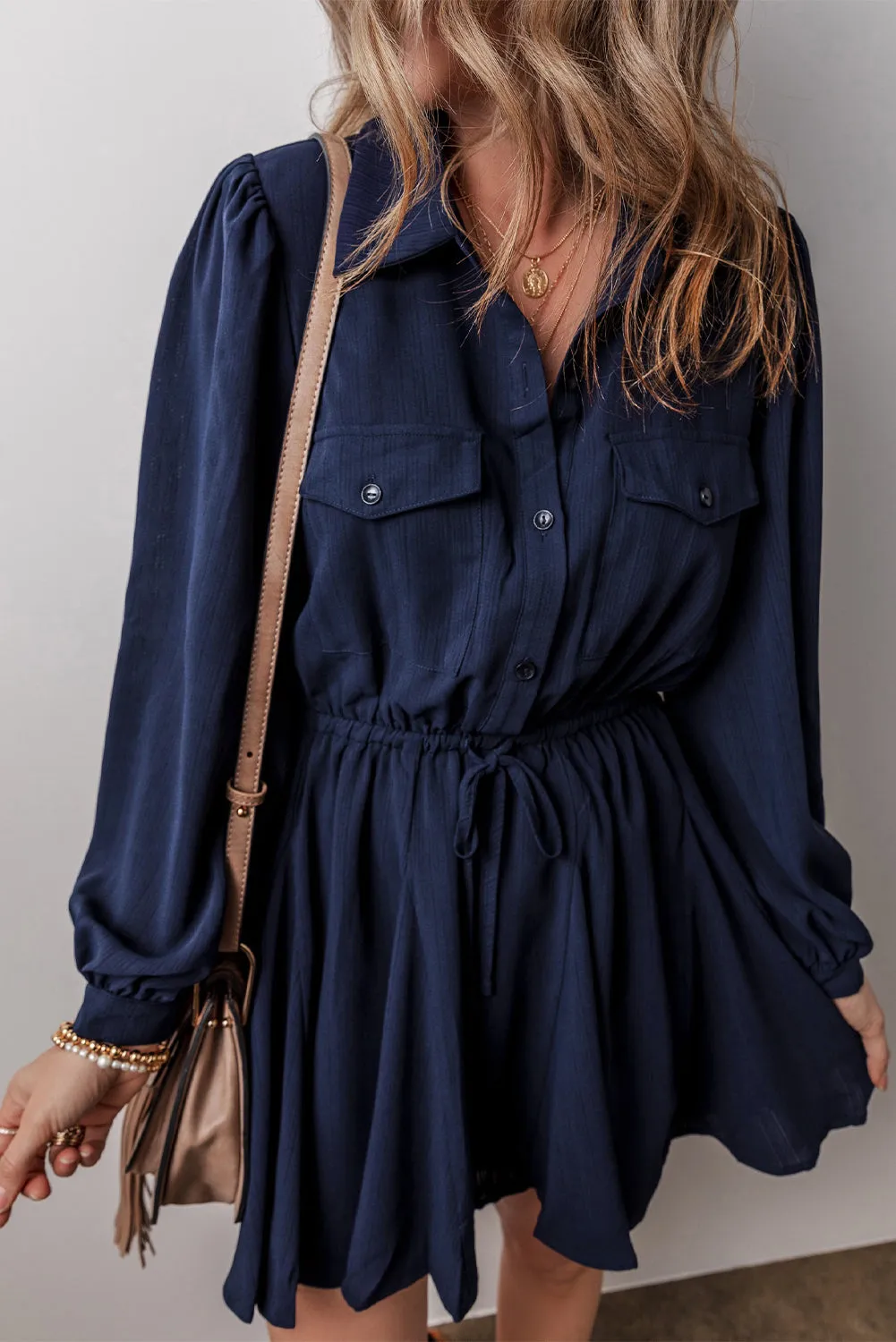 Navy Blue Solid Chest Pockets Tunic Shirt Mini Dress