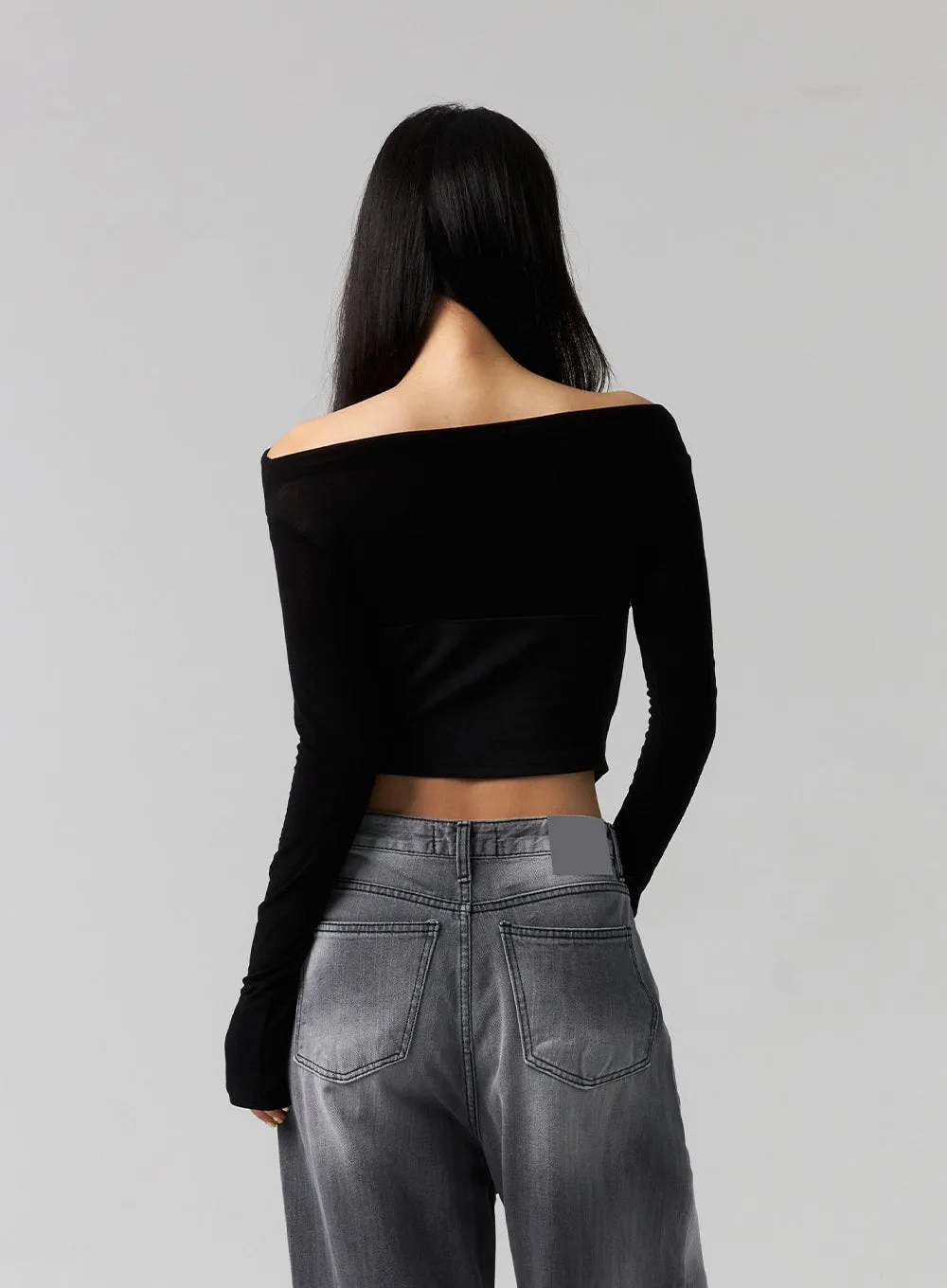 Off Shoulder Unbalanced Hem Crop Tee CG315