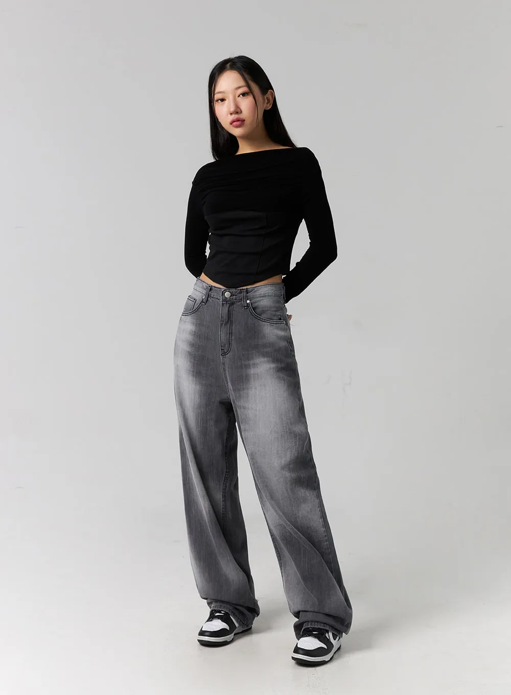 Off Shoulder Unbalanced Hem Crop Tee CG315