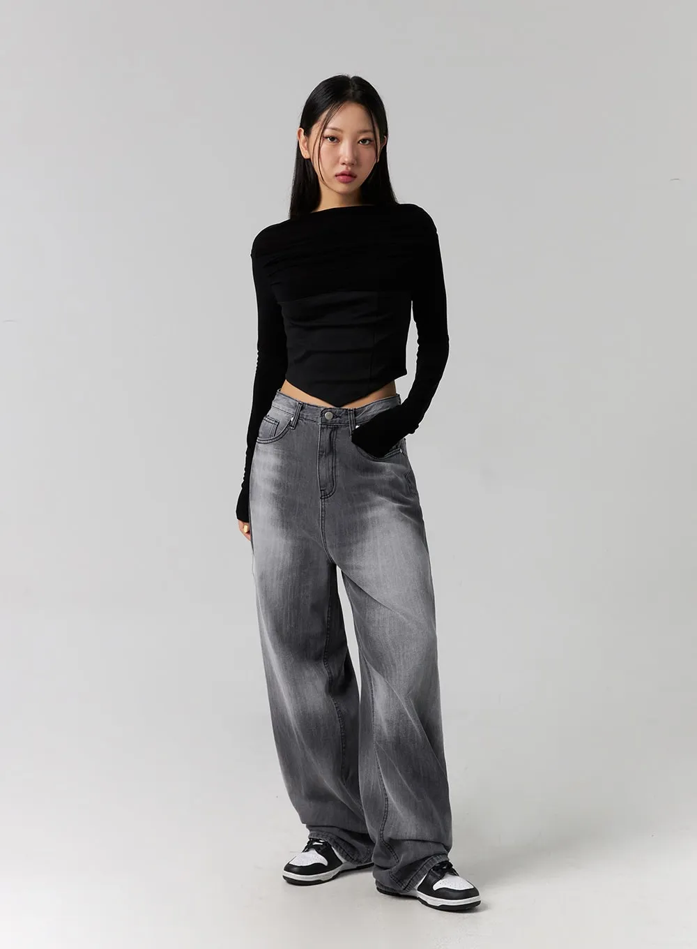 Off Shoulder Unbalanced Hem Crop Tee CG315