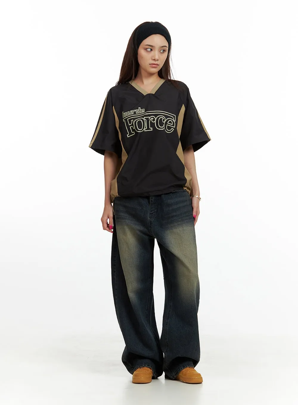 Oversize Nylon Lettering V Neck Top CU417