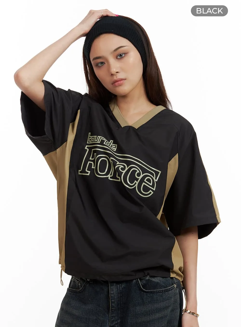 Oversize Nylon Lettering V Neck Top CU417