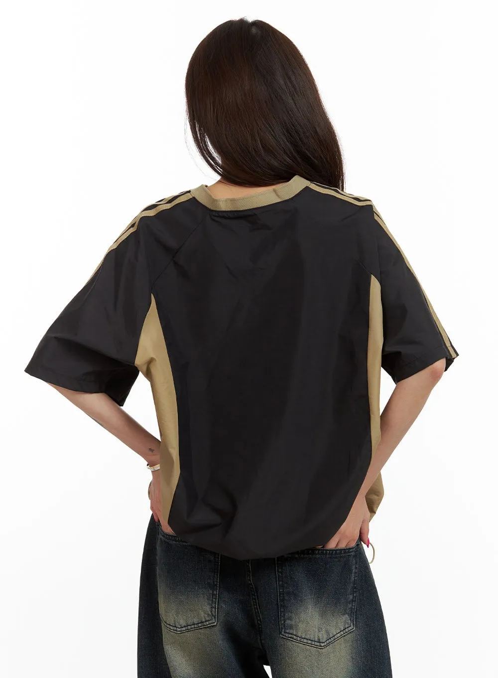 Oversize Nylon Lettering V Neck Top CU417