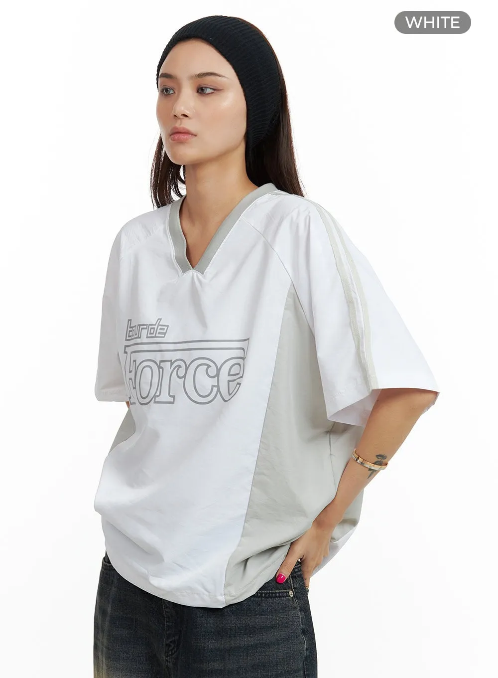 Oversize Nylon Lettering V Neck Top CU417